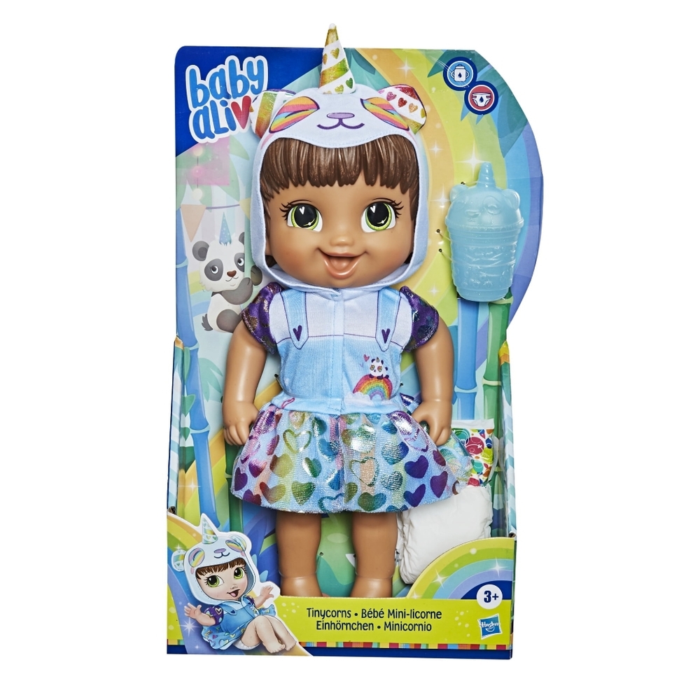 NEW Baby Alive Tinycorns Doll Panda Unicorn Drinks Wets Diapers Brown Hair